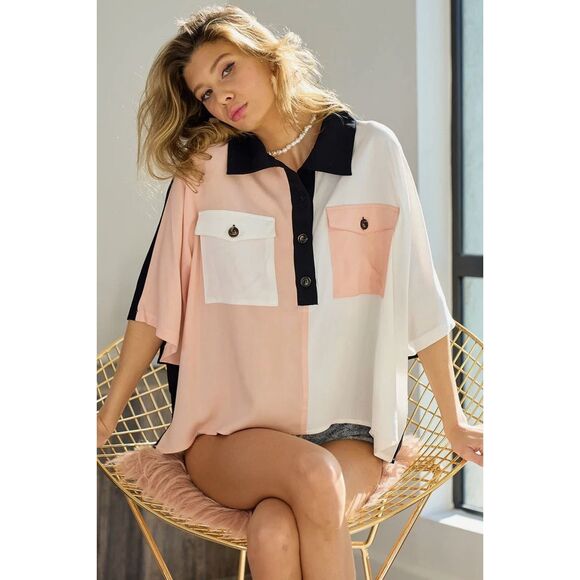 BiBi Tops - B1003. BiBi Pink/Black Oversized Colorblock Half Button Pocket T-Shirt NWT